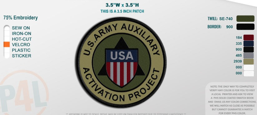 Limited First-Run U.S. Army Auxiliary Activation Project Patch